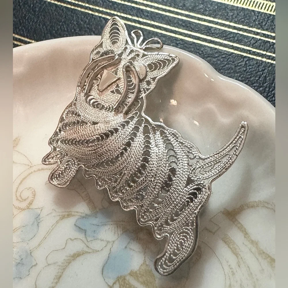 Vtg Sterling Silver Scottish Terrier Filigree Brooch Pin